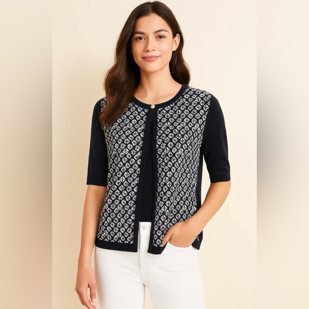 NEW Talbots Silk Navy/White Print Short Sleeve Lightweight Cardigan , Medium